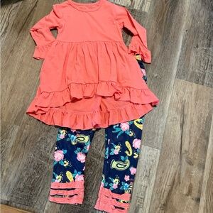 Coral Ruffle Dress with Floral Leggings